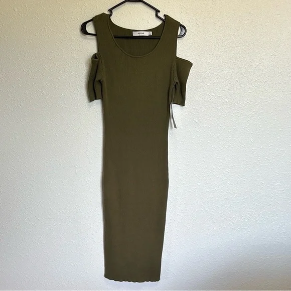 JustFab Olive Green Cold Shoulder Ribbed Knee-Length Dress Size Medium - Picture 3 of 13